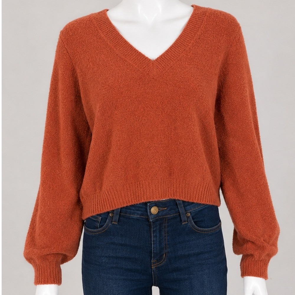 LOFT Womens Sweater Rust Orange V-Neck Fuzzy Textured Knit Small